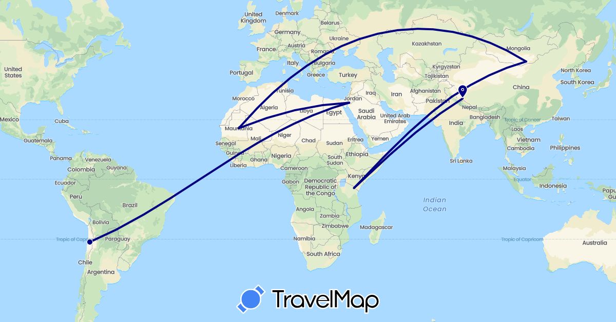 TravelMap itinerary: driving in Chile, China, Jordan, Mongolia, Mauritania, Nepal, Tanzania (Africa, Asia, South America)